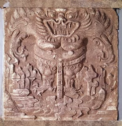 Arte coreana: tijolo de terracota cinzenta que representa um monstro. Reino de Baekje (também Paekche ou Paikchei), Coreia. Século VII. Museu Nacional da Coreia