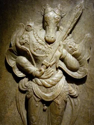 Ornamento funerário, cavalo do zodíaco em agalmatolito, século VIII, período dos Reinos do Norte e do Sul, Coreia. Fotografia, Museu Nacional da Coreia, Seul, República da Coreia