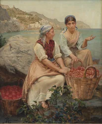Raparigas italianas com tomates em cestos