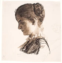 A irmã do artista Elisabeth. Perfil t.v. Penteado de tranças