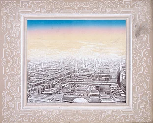 Vista aérea de Londres emoldurada por uma borda decorativa, c1845