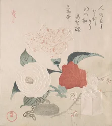 Flores de camélia, um Netsuke e uma foca, século XIX.