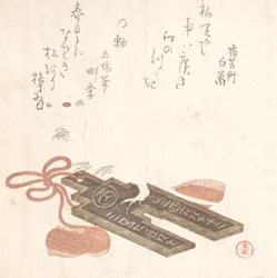 Rato em um Fuchin, ornamento com um desenho de calendário pictórico Egoyomi, 1816.