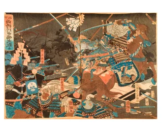 A Grande Batalha de Kawanakajima entre dois generais, c.1859-71 (xilogravura sobre papel)