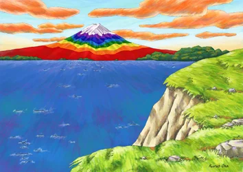 O Monte Fuji com as cores do arco-íris sobre o penhasco , 2023 (pintura digital)