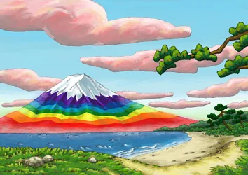 A costa e o Monte Fuji com as cores do arco-íris, 2023 (pintura digital)