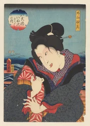 Sotoyama Myôshin na varanda perto do rio Sotoyama Myôshin (título no objeto) Biografias dos Oito Cães Heróis (título da série no objeto)