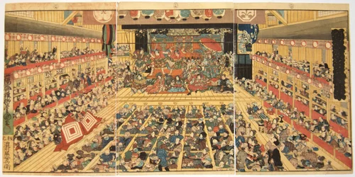 Odori-keiyo Edo-e no Sakae: Interior do teatro com performance de Shibaraku, 1858