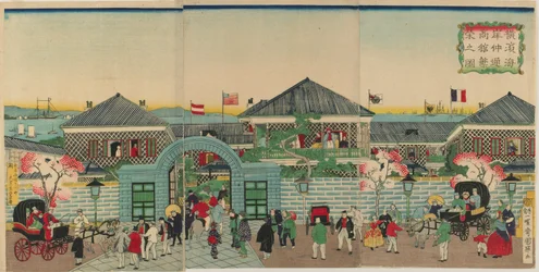 Imagem da prosperidade dos estabelecimentos mercantis ao longo de Nakadouri no Yokohama, era de Meiji, 1870 (impressão do woodblock da cor)