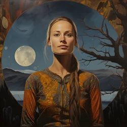 Mulher Sami de 35 anos com lua crescente, sorriso misterioso, rosto e corpo ligeiramente virados para o lado, cabelo louro comprido 3