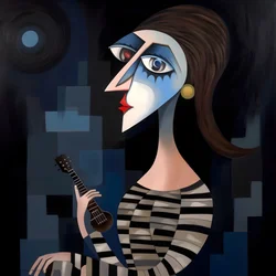 Mulher trovadora 3D com a sua guitarra na noite de luar 1