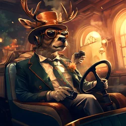 Um veado com um charuto na boca a conduzir um automóvel descapotável 3