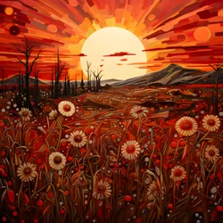 Arte abstrata de paisagem com um campo de flores silvestres e um sol vermelho arrojado. 3