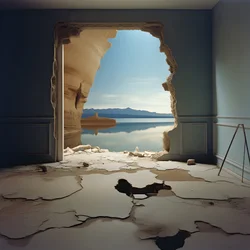 Uma imagem de uma sala não utilizada com um enorme lago e um deserto num enorme buraco, com um futuro de alto contraste e tons quentes de claro-escuro 2