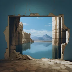 Uma imagem de uma sala não utilizada com um enorme lago e um deserto num enorme buraco, com um futuro de alto contraste e tons quentes de claro-escuro 4