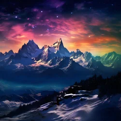 Os picos cobertos de neve dos Alpes brilham como um arco-íris na noite 1