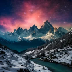 Os picos cobertos de neve dos Alpes brilham como um arco-íris na noite 3