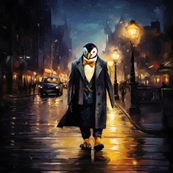 Um pinguim de fato caminha pela rua 3