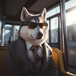 Um cão Husky Siberiano de fato e óculos de sol na estação de autocarros, como um cavalheiro 3