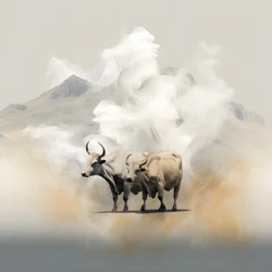 Uma pintura em tela abstrata fractal, textura bege-branca-fumo. 3 touros negros emergindo do fumo com o Monte Ararat no horizonte. Poses que fazem lembrar os touros de Wall Street em Nova Iorque.  3