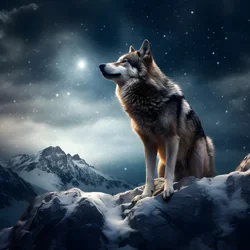 Um majestoso lobo cinzento no pico de uma montanha coberta de neve 3
