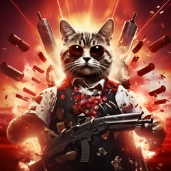 Cartaz de filme de um gato com uma camisa de bolinhas pretas e brancas e óculos de sol brilhantes, com explosões e canhões em fundo 1