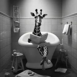 Girafa feliz sentada na sanita com jornal 2