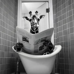 Girafa feliz sentada na sanita com um jornal 3