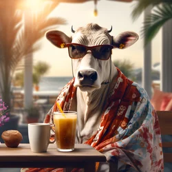 Vaca com óculos de sol a olhar para o café frio 2