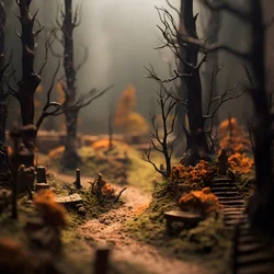 Floresta de Halloween em miniatura com árvores enevoadas e uma atmosfera assustadora 3