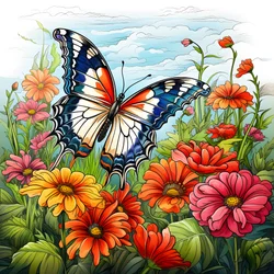 Borboleta num prado com uma treliça de flores 3