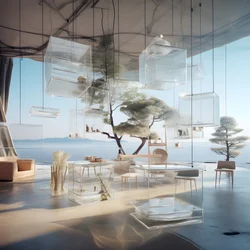 Edifício transparente com a mesa da ilha no meio 1