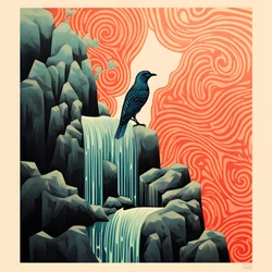 Ilustração ultra-minimalista de um pássaro tropical colorido sentado numa planta com ramos em frente a um riacho de montanha com uma bela cascata 3