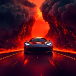 um carro de luxo está a ser conduzido por um caminho com um brilho vermelho no fundo 4