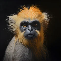 uma pintura do rosto de um langur dourado com um fundo preto 1