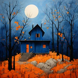 uma casa azul numa floresta laranja 3