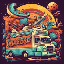 um cartaz artístico de um evento para camiões de comida num parque de skate no norte da Califórnia 1