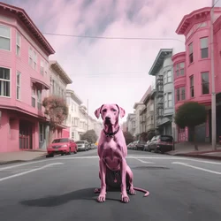 um cão cor-de-rosa no meio da cidade de São Francisco 1