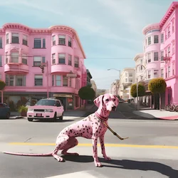 um cão cor-de-rosa no meio da cidade de São Francisco 4