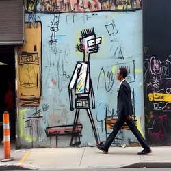 uma figura pintada ganha vida enquanto caminha por uma rua em Nova Iorque, foto surrealista 1