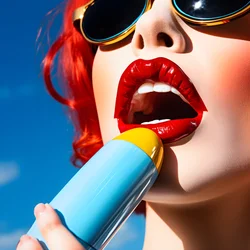 super perto de um gelado colorido a derreter junto à boca de uma mulher 2