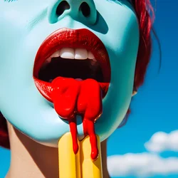 super perto de um gelado colorido a derreter junto à boca de uma mulher 3