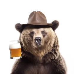um urso com uma cartola e uma caneca de cerveja à frente e de perfil sobre um fundo branco 2