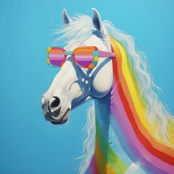 Cavalo branco com óculos arco-íris num fundo azul 2