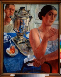 Em redor do samovar (Cena da vida quotidiana, um casal a tomar chá). Pintura por Kuzma Sergeyevich Petrov Vodkin (Petrov-Vodkin) (Kuzma Petrov Vodkin) (Petrov-Vodkin) (1878-1939), óleo sobre tela