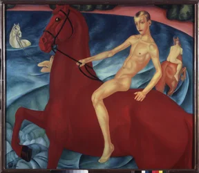 Banho de um cavalo vermelho. Pintura de Kuzma Sergeevich Petrov Vodkin (Petrov-Vodkin) (Kouzma Petrov Vodkin) (Petrov-Vodkin) (1878-1939), óleo sobre tela