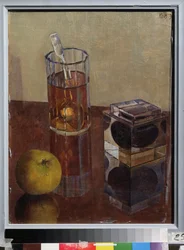 Natureza morta com um pote de tinta. Pintura de Kuzma Sergeyevich Petrov Vodkin (Petrov-Vodkin) (Kouzma Petrov Vodkin) (Petrov-Vodkin) (1878-1939), óleo sobre tela