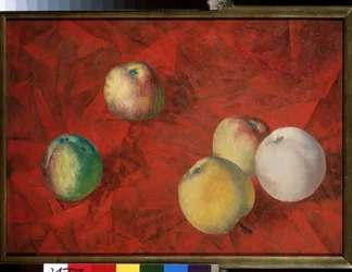 Pommes sur un arriere plan rouge. (Maçãs sobre o fundo vermelho). Peinture de Kuzma Sergeyevich Petrov Vodkin (Petrov-Vodkin) (Kouzma Petrov Vodkine) (Petrov-Vodkine) (1878-1939), huile sur toile.
