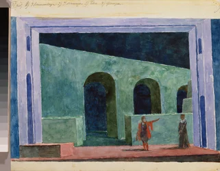 Decoração preparatória para a ópera ""Boris Godunov"" de Modeste Moussorgski (1839-1881). Obra de Kuzma Sergeyevich Petrov Vodkin (Petrov-Vodkin) (Kouzma Petrov Vodkin) (Petrov-Vodkin) (1878-1939), aquarela sobre papel