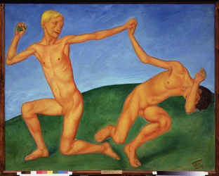 Garcons jouant. (nudite et homosexualite). Peinture de Kuzma Sergeyevich Petrov Vodkin (Petrov-Vodkin) (Kouzma Petrov Vodkine) (Petrov-Vodkine) (1878-1939), huile sur toile.